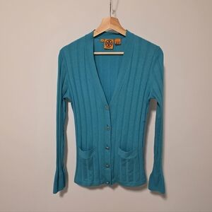 Tory Burch 100% Cashmere Green Ribbed Knit Elegant Cardigan Size Medium